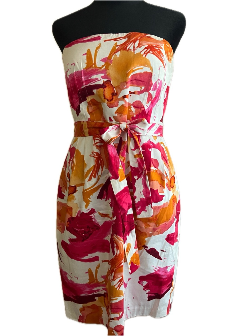 Calvin Klein Strapless Watercolor Print Dress in White, Pink & Orange Size 4